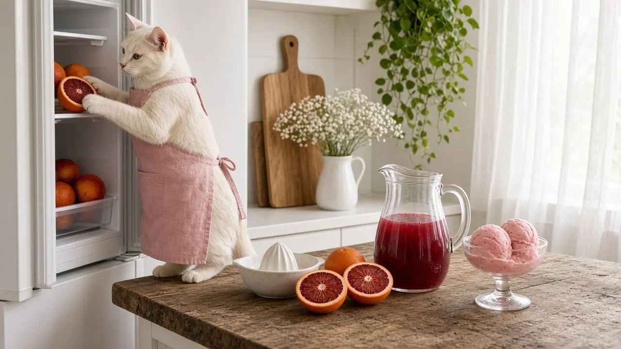 A cream-coloured cat in a pink apron, cooking this dish