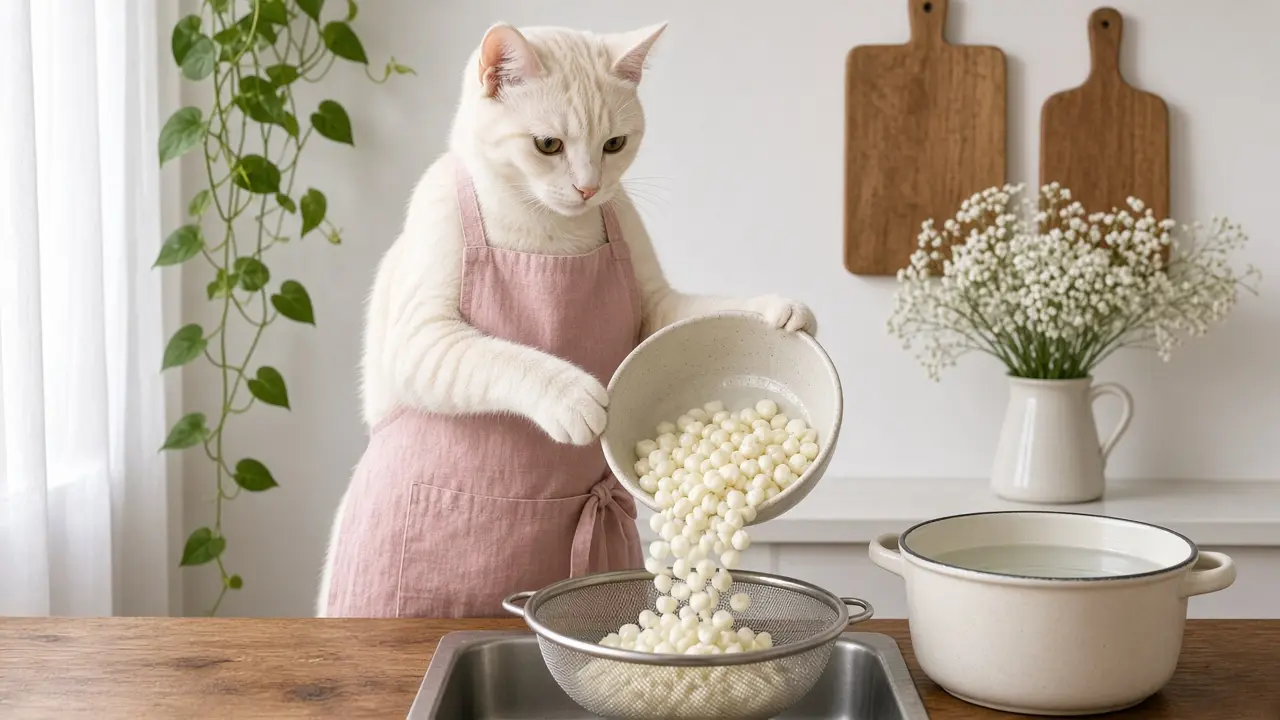 A cream-coloured cat in a pink apron, cooking this dish