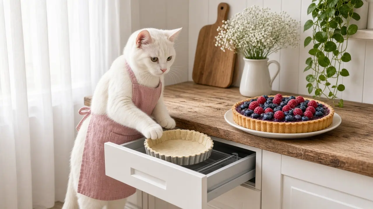 A cream-coloured cat in a pink apron, cooking this dish