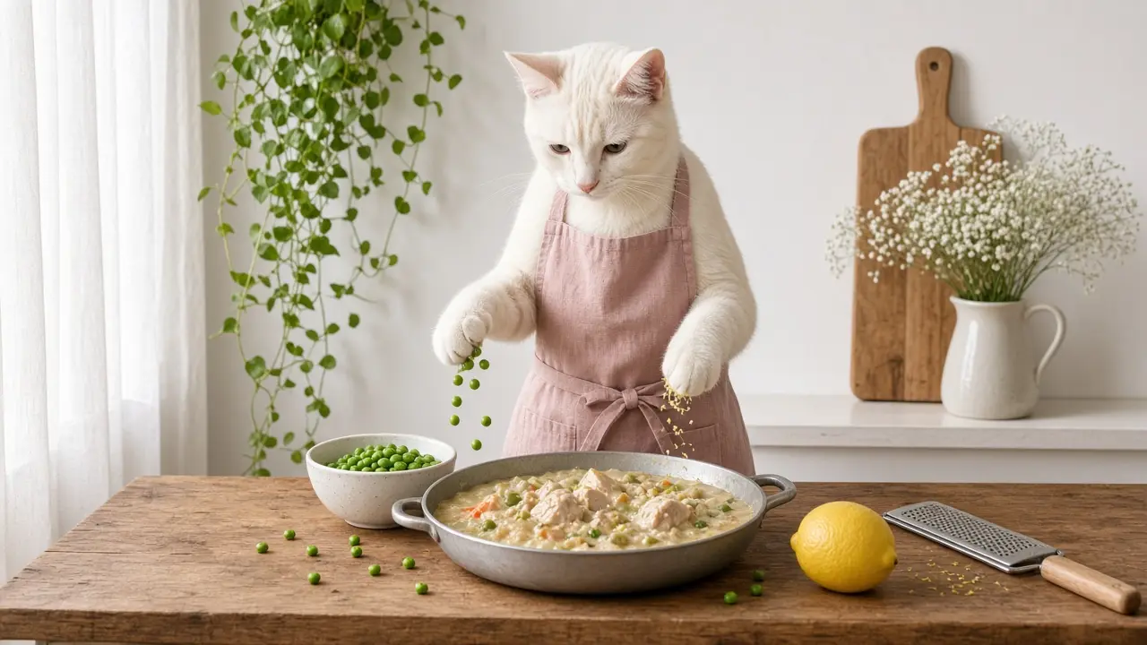 A cream-coloured cat in a pink apron, cooking this dish