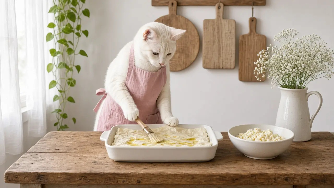 A cream-coloured cat in a pink apron, cooking this dish