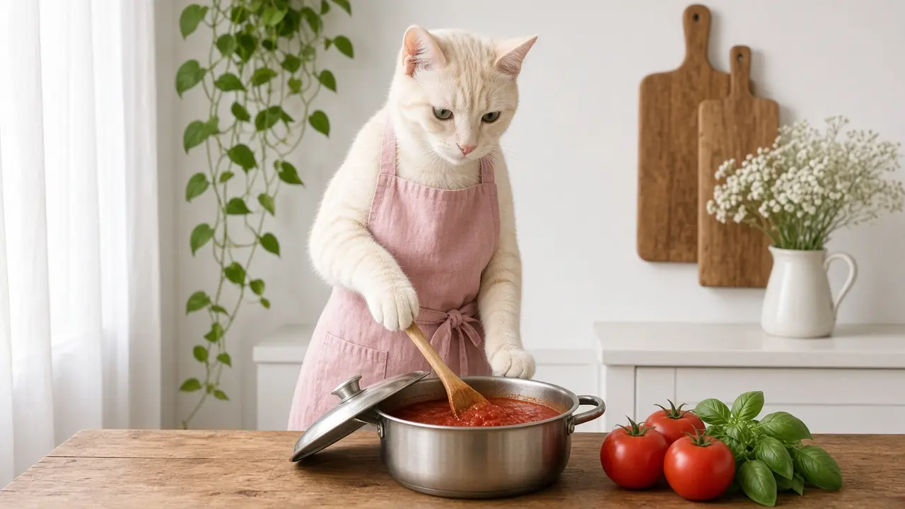 A cream-coloured cat in a pink apron, cooking this dish