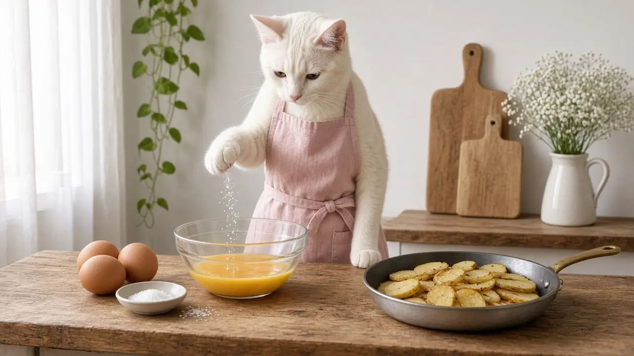 A cream-coloured cat in a pink apron, cooking this dish