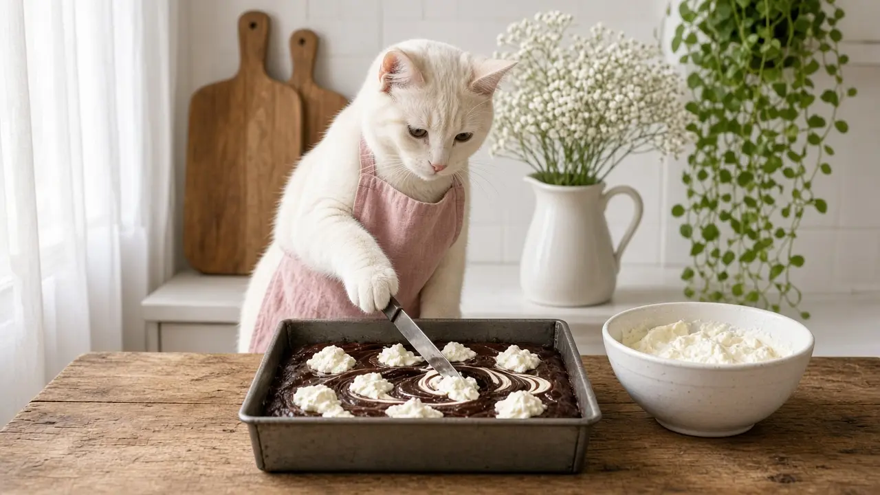 A cream-coloured cat in a pink apron, cooking this dish