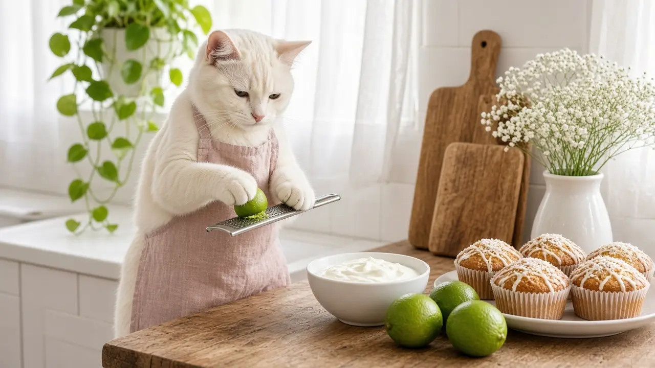 A cream-coloured cat in a pink apron, cooking this dish