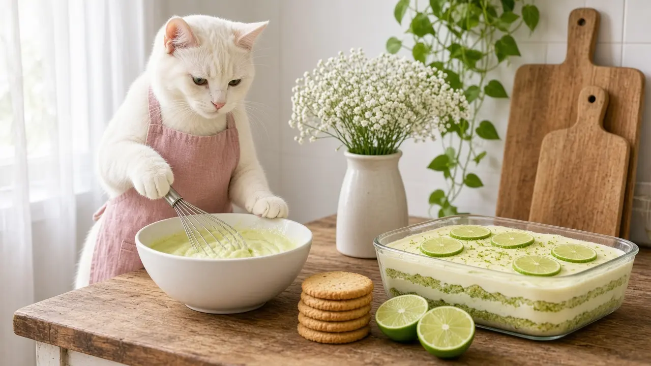 A cream-coloured cat in a pink apron, cooking this dish