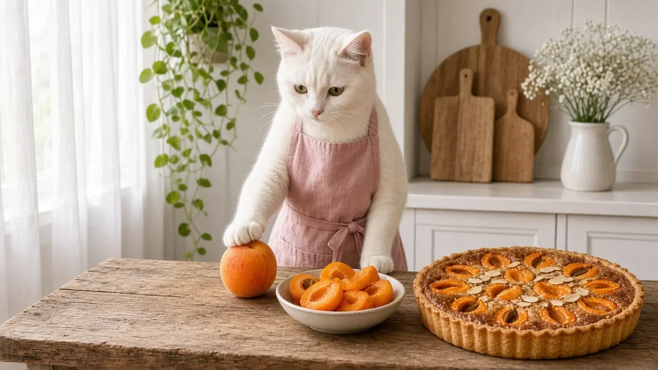 A cream-coloured cat in a pink apron, cooking this dish