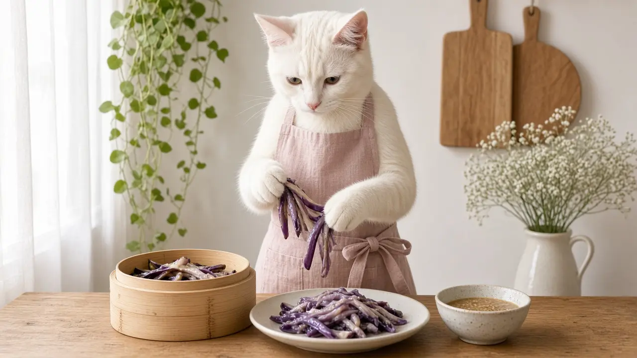 A cream-coloured cat in a pink apron, cooking this dish