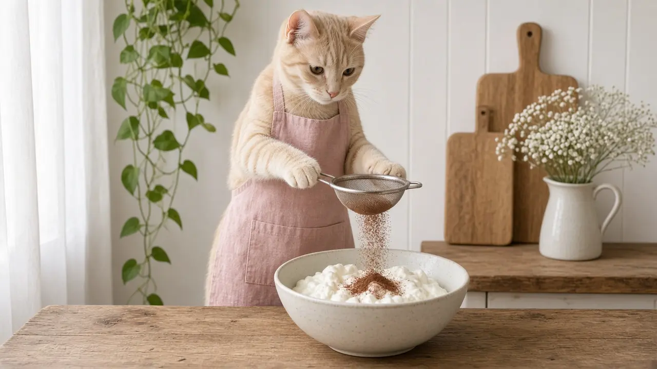 A cream-coloured cat in a pink apron, cooking this dish