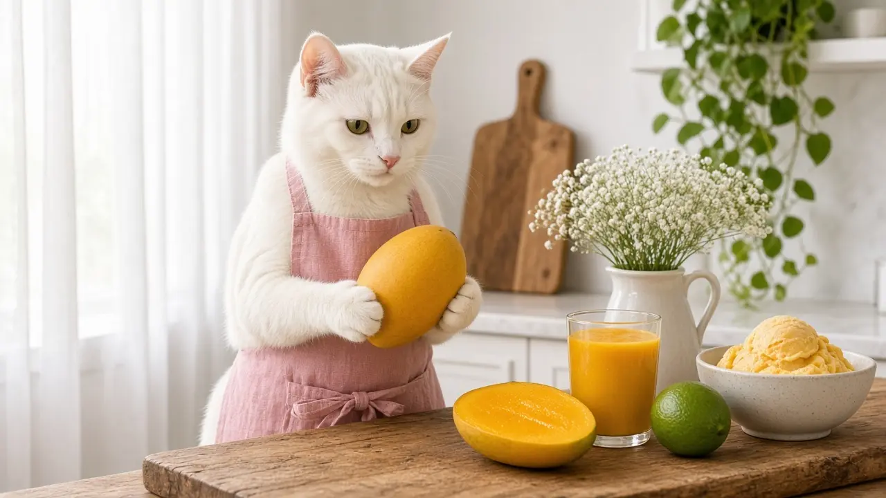 A cream-coloured cat in a pink apron, cooking this dish