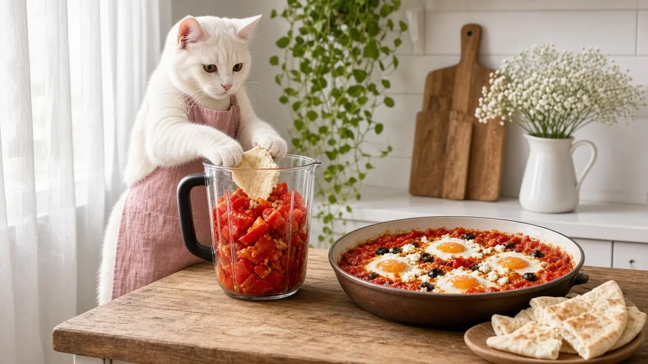 A cream-coloured cat in a pink apron, cooking this dish