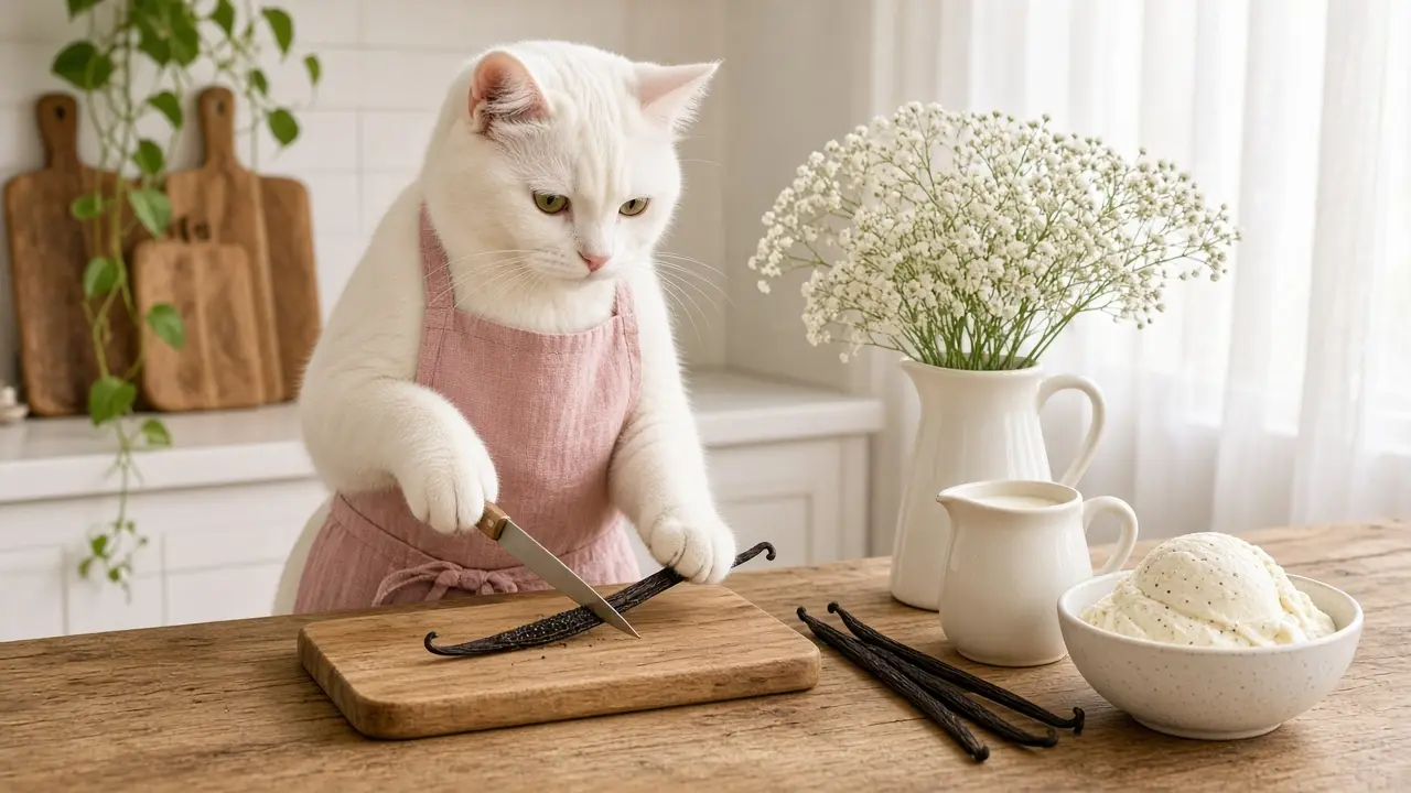 A cream-coloured cat in a pink apron, cooking this dish