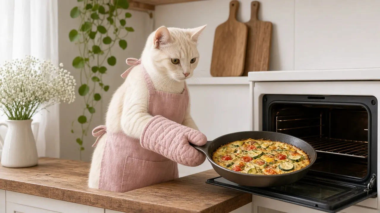 A cream-coloured cat in a pink apron, cooking this dish