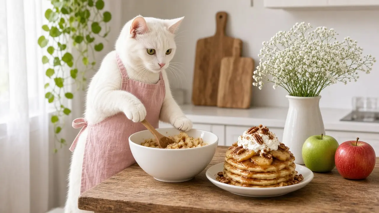 A cream-coloured cat in a pink apron, cooking this dish