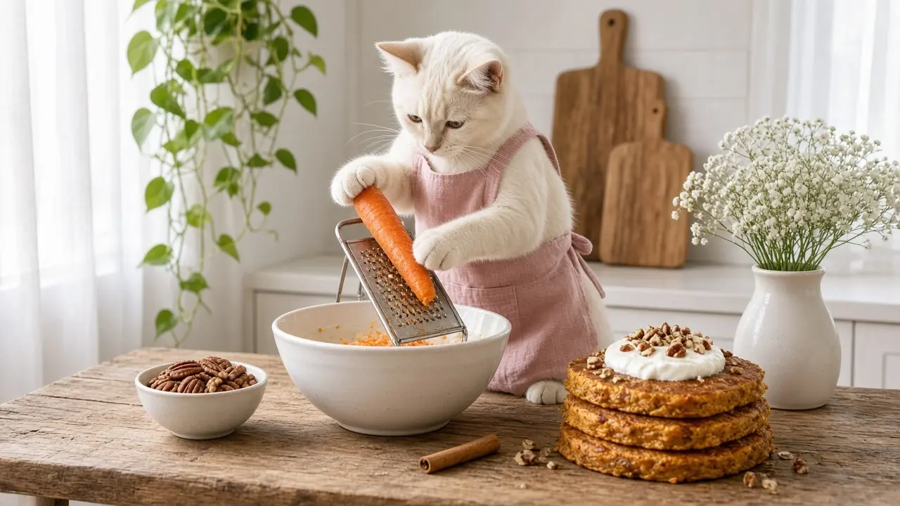 A cream-coloured cat in a pink apron, cooking this dish