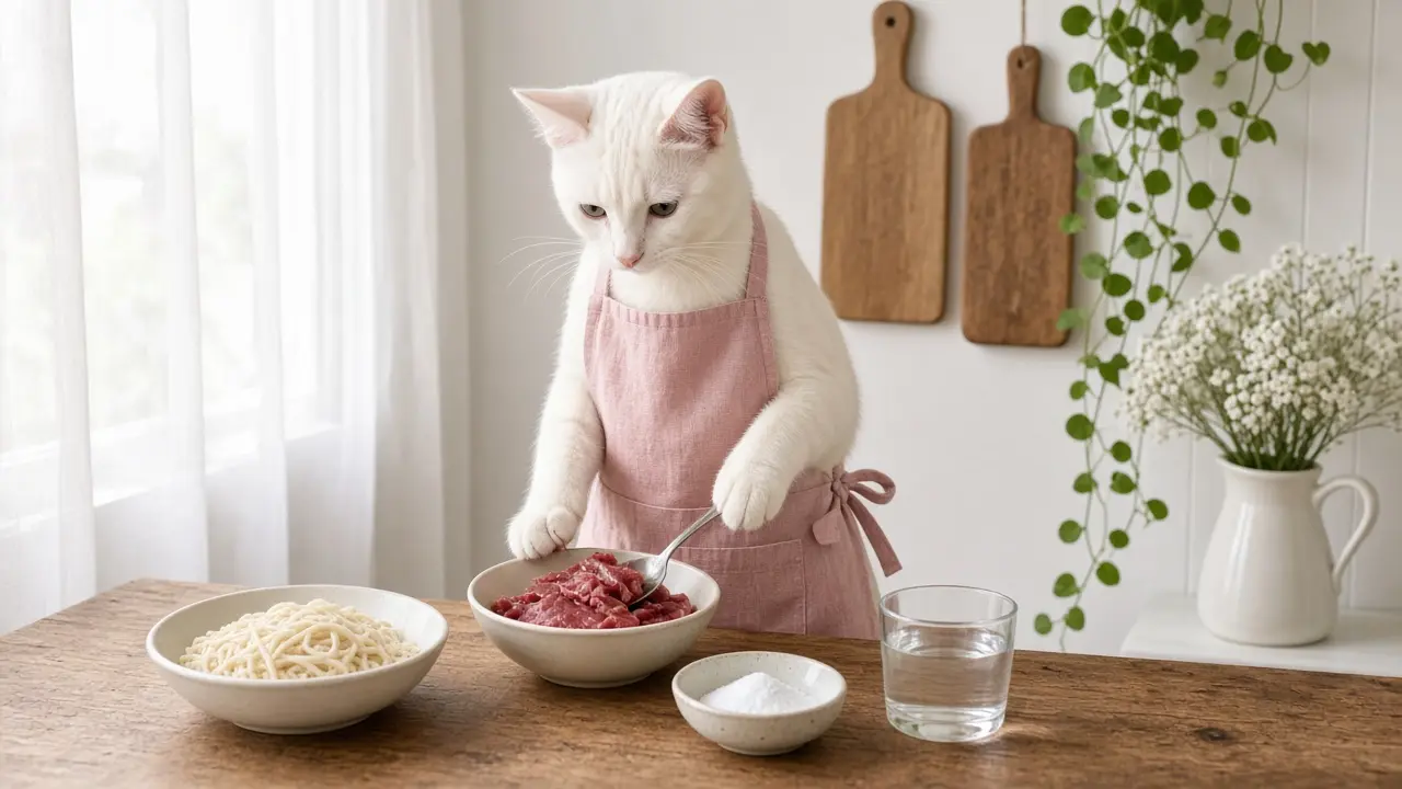 A cream-coloured cat in a pink apron, cooking this dish