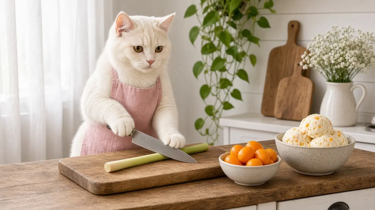 A cream-coloured cat in a pink apron, cooking this dish