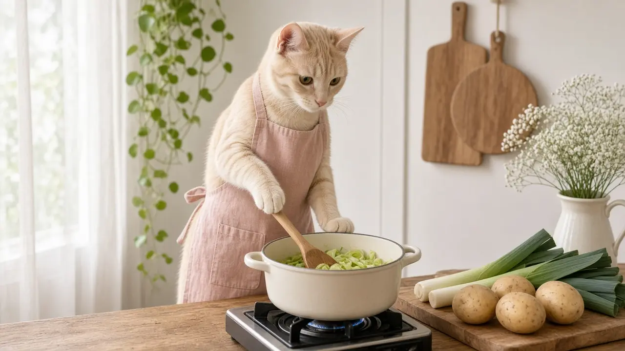 A cream-coloured cat in a pink apron, cooking this dish