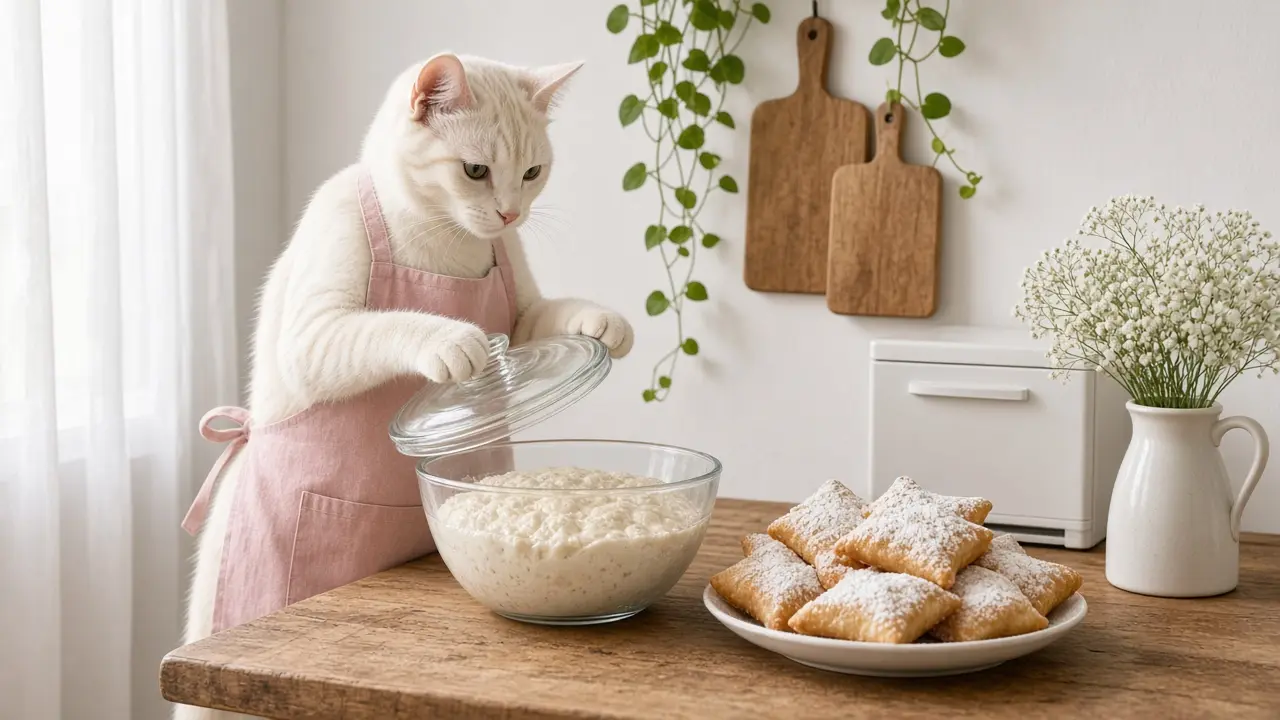 A cream-coloured cat in a pink apron, cooking this dish