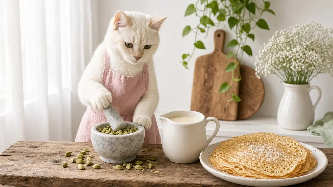A cream-coloured cat in a pink apron, cooking this dish