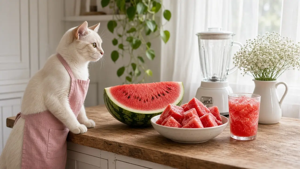 A cream-coloured cat in a pink apron, cooking this dish