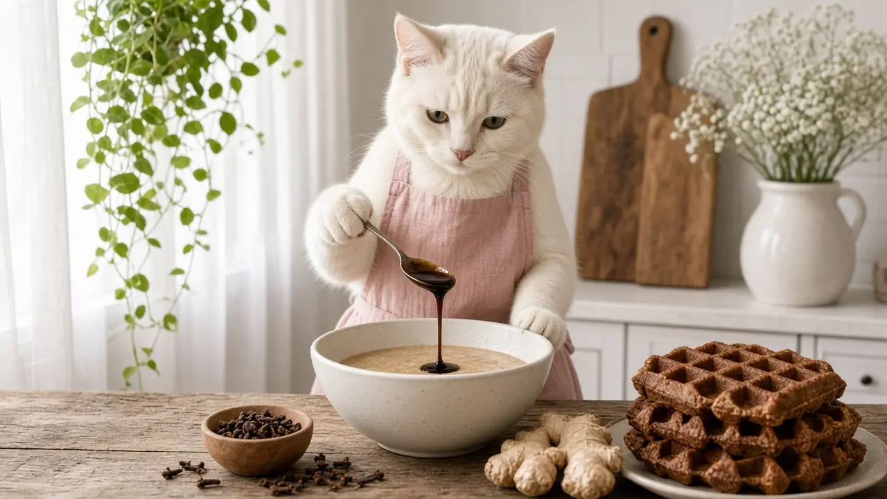 A cream-coloured cat in a pink apron, cooking this dish