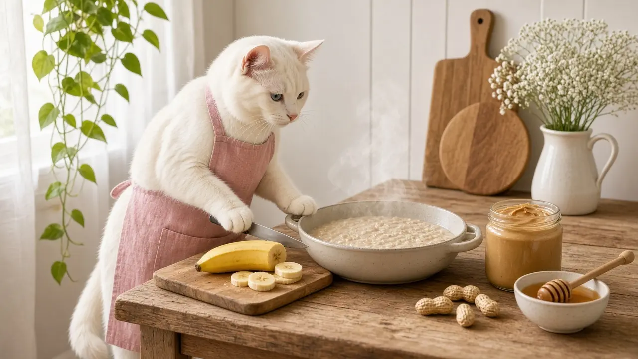 A cream-coloured cat in a pink apron, cooking this dish