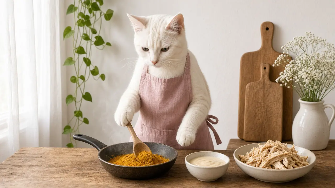 A cream-coloured cat in a pink apron, cooking this dish