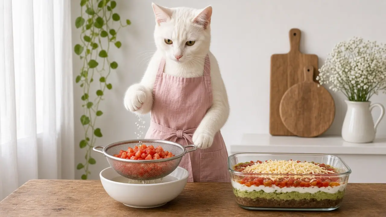 A cream-coloured cat in a pink apron, cooking this dish