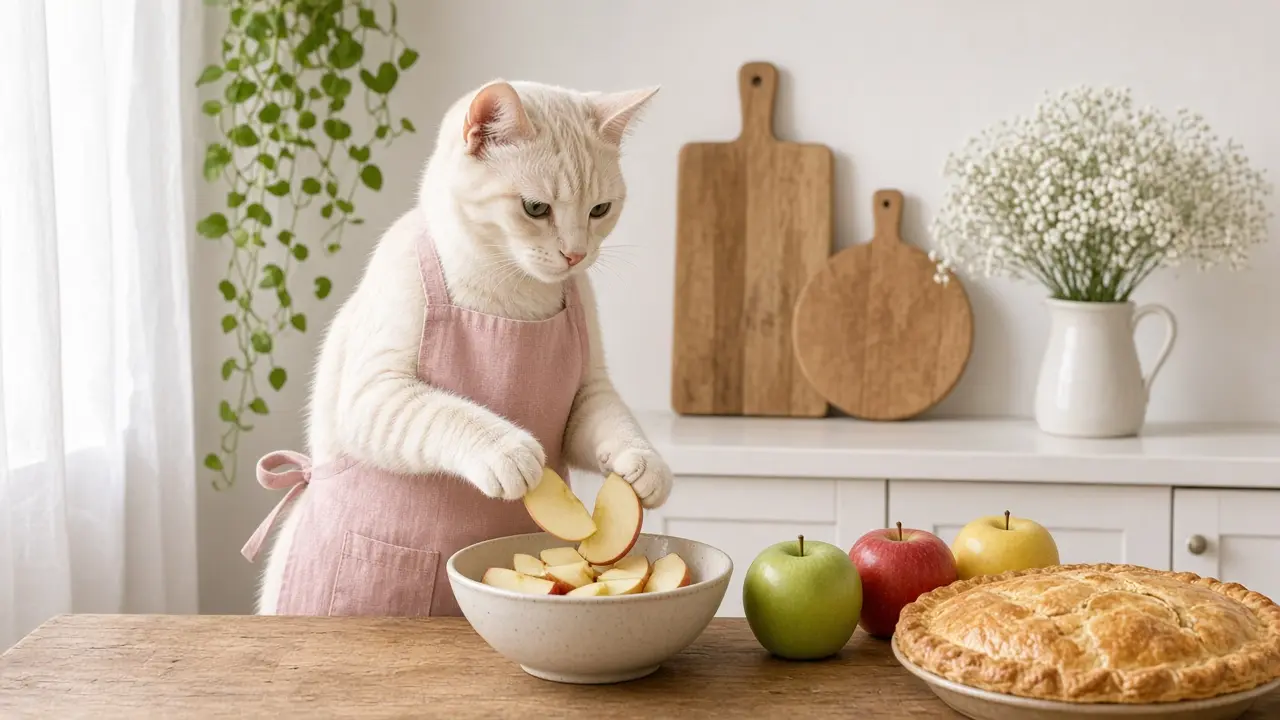 A cream-coloured cat in a pink apron, cooking this dish