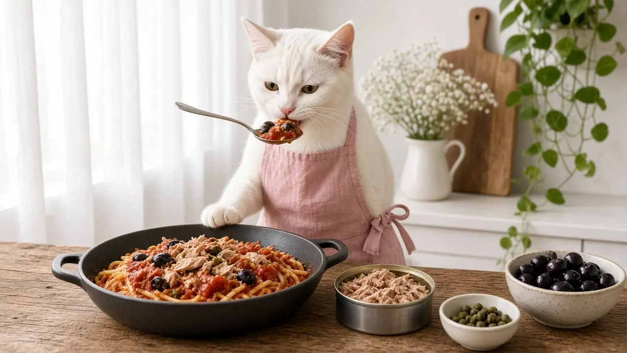 A cream-coloured cat in a pink apron, cooking this dish