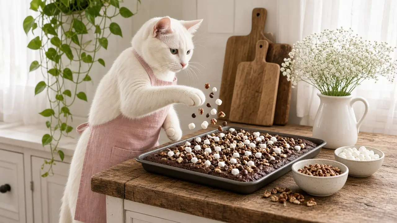 A cream-coloured cat in a pink apron, cooking this dish