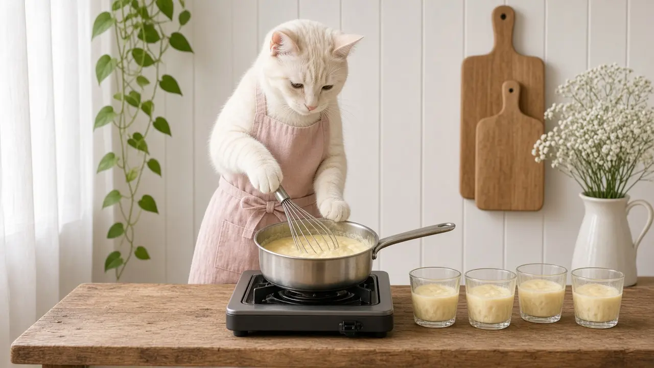 A cream-coloured cat in a pink apron, cooking this dish