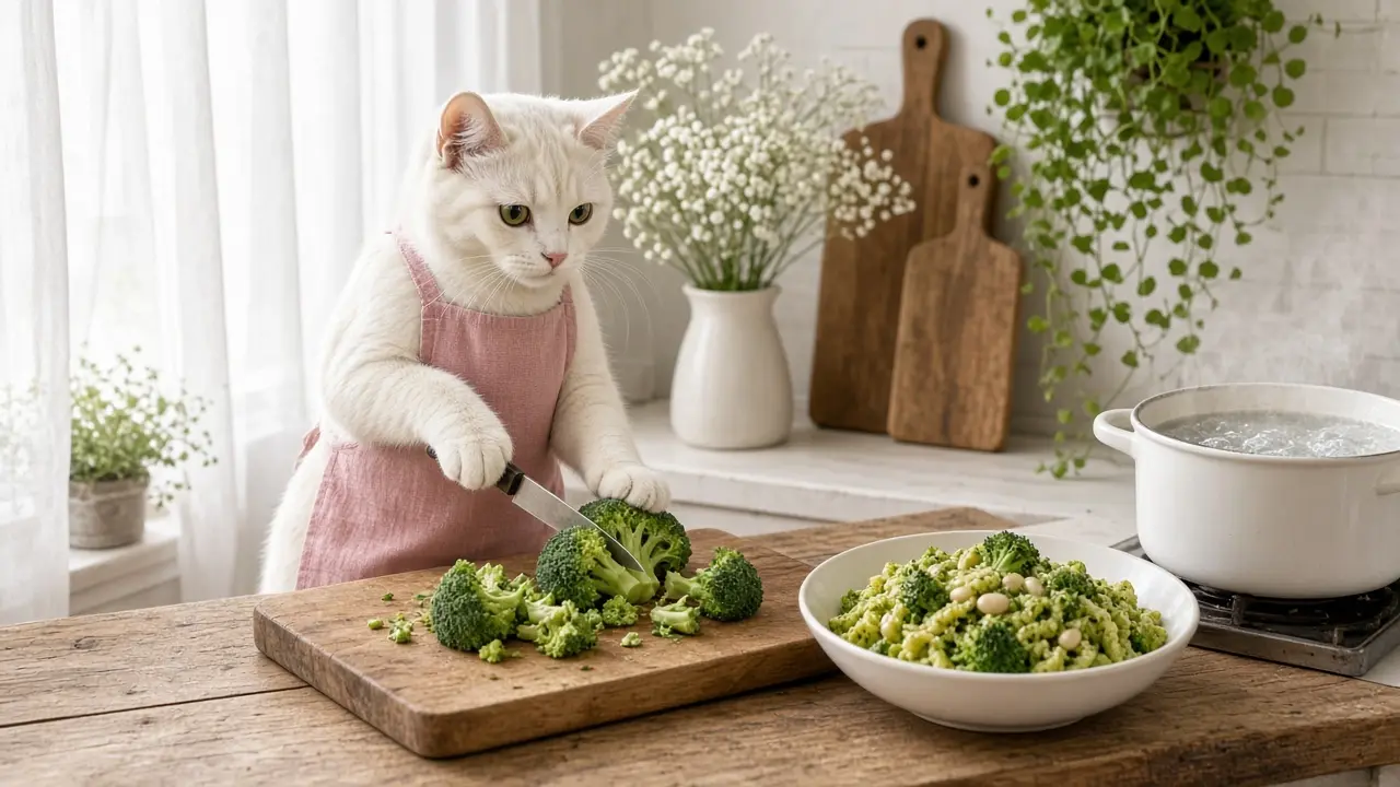 A cream-coloured cat in a pink apron, cooking this dish