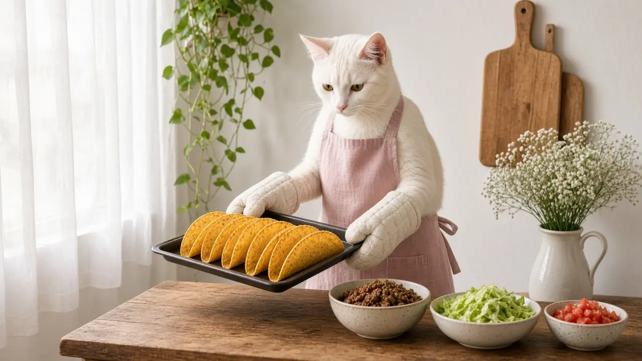 A cream-coloured cat in a pink apron, cooking this dish