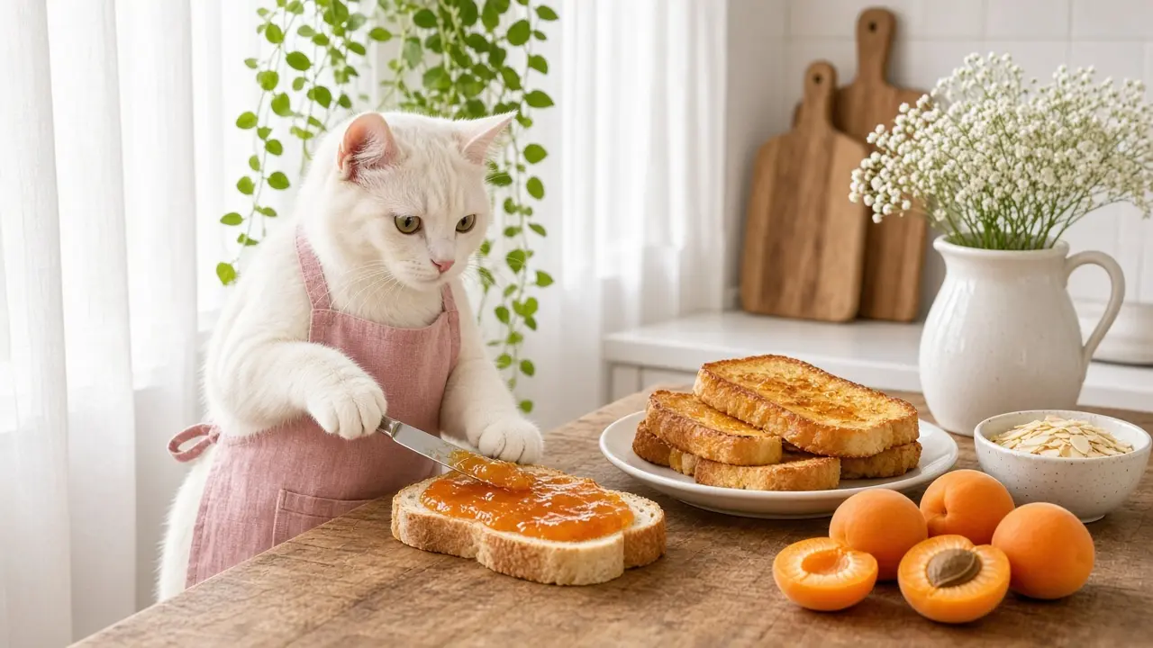 A cream-coloured cat in a pink apron, cooking this dish