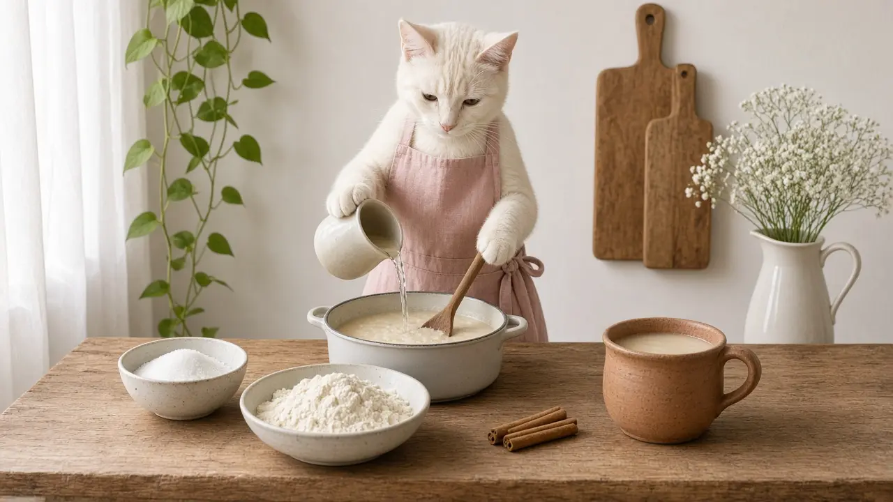 A cream-coloured cat in a pink apron, cooking this dish