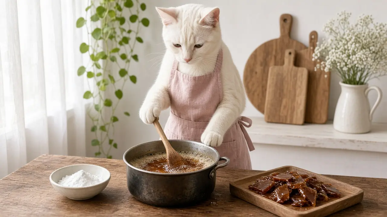 A cream-coloured cat in a pink apron, cooking this dish