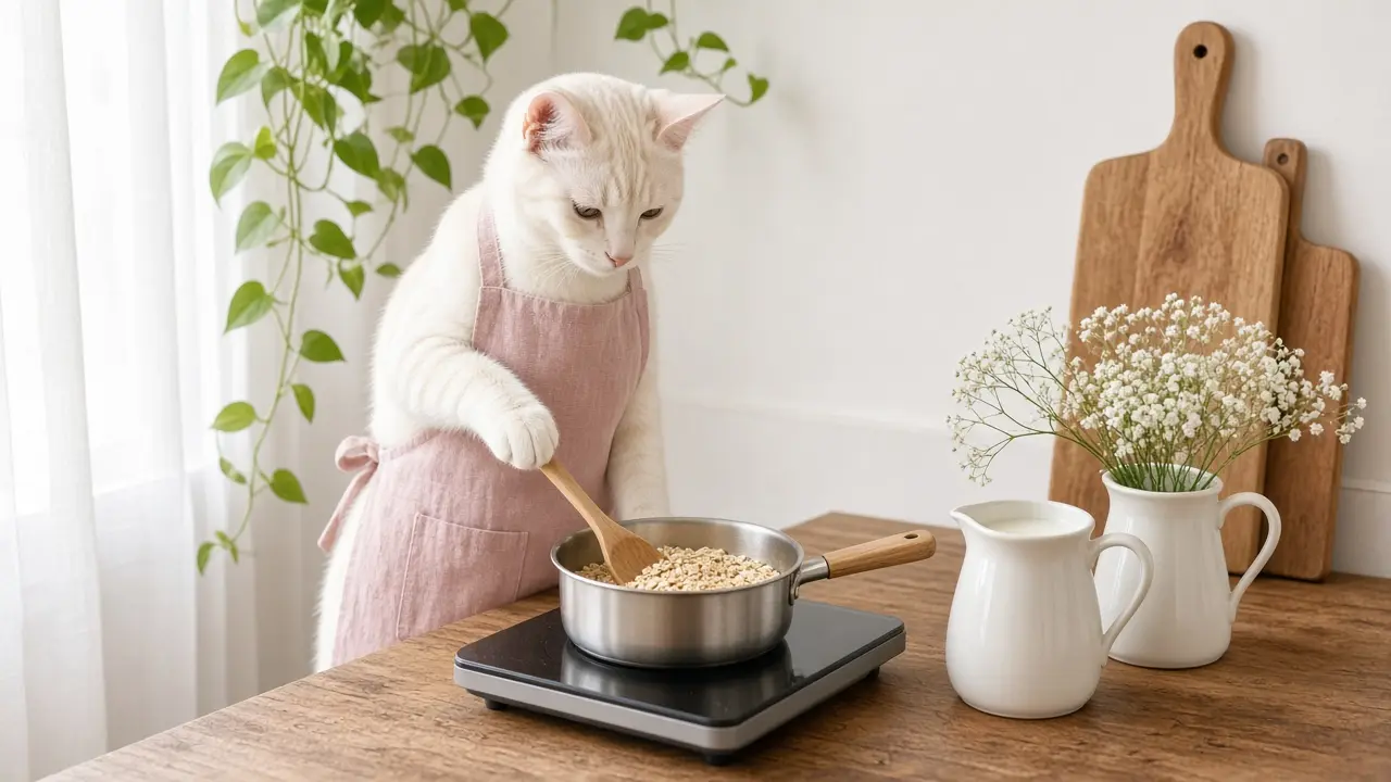 A cream-coloured cat in a pink apron, cooking this dish