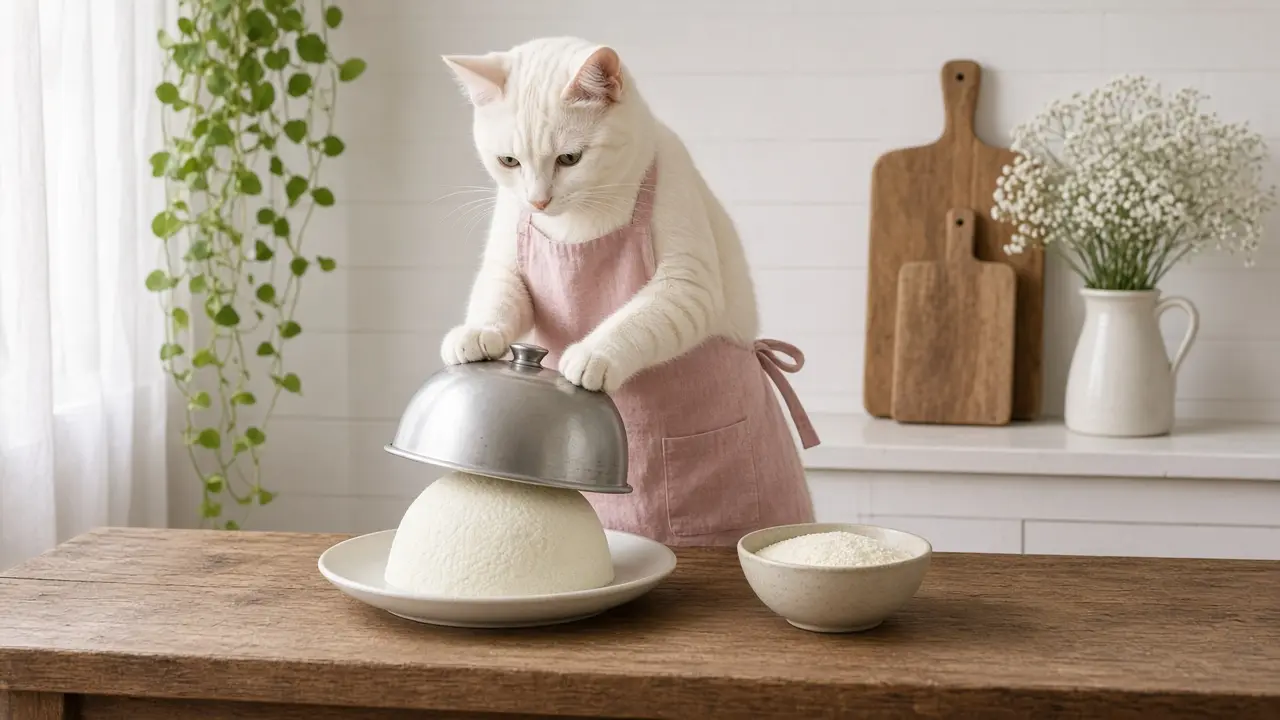 A cream-coloured cat in a pink apron, cooking this dish