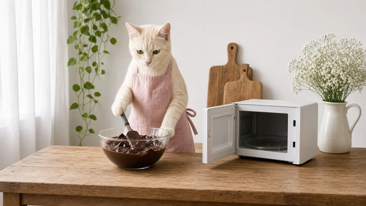 A cream-coloured cat in a pink apron, cooking this dish
