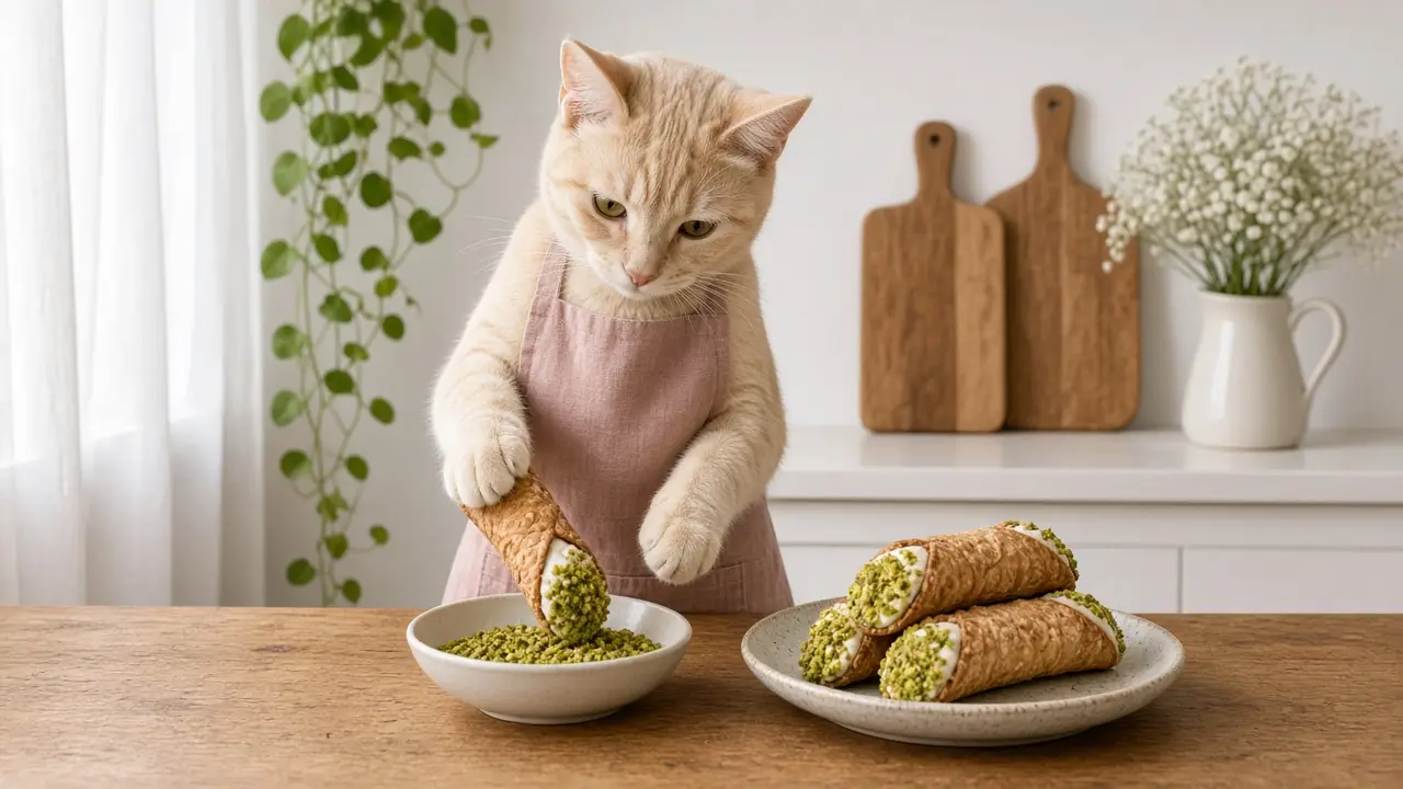 A cream-coloured cat in a pink apron, cooking this dish