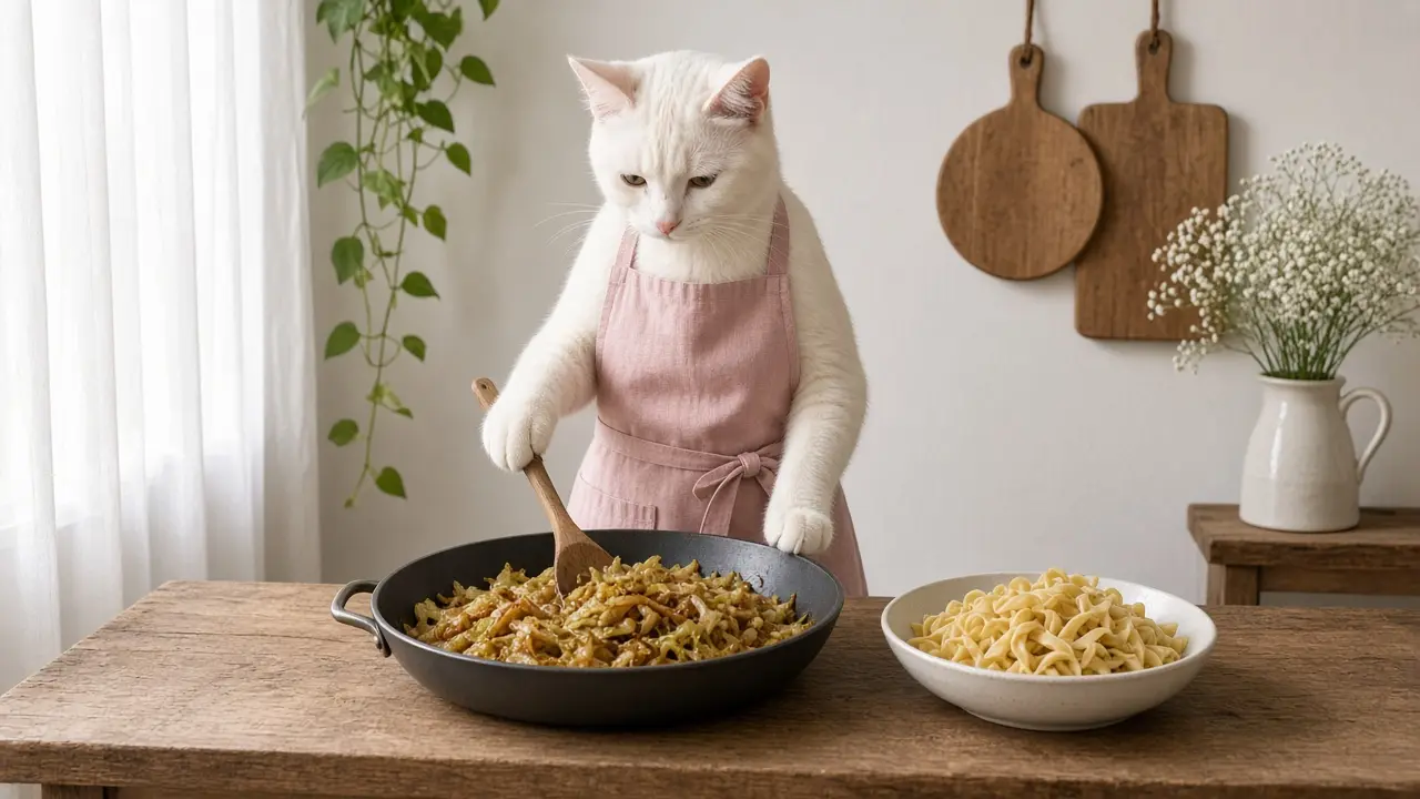 A cream-coloured cat in a pink apron, cooking this dish