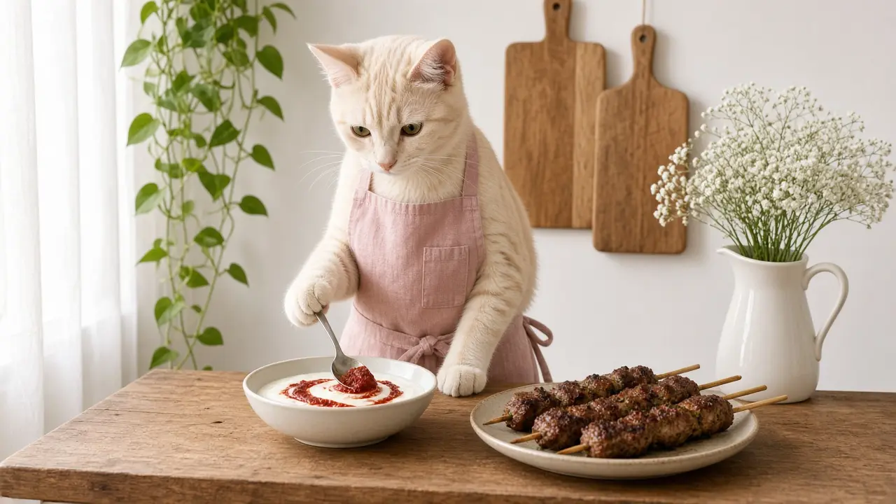 A cream-coloured cat in a pink apron, cooking this dish