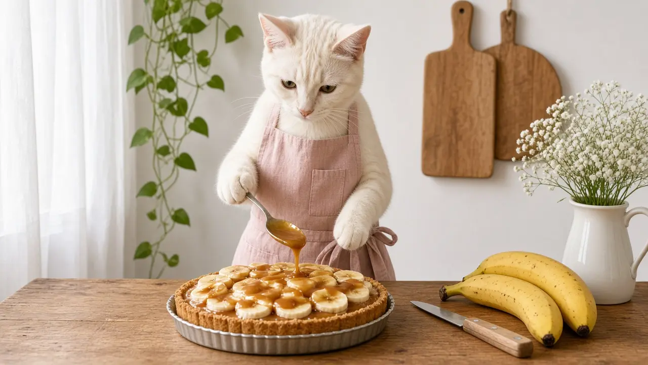 A cream-coloured cat in a pink apron, cooking this dish