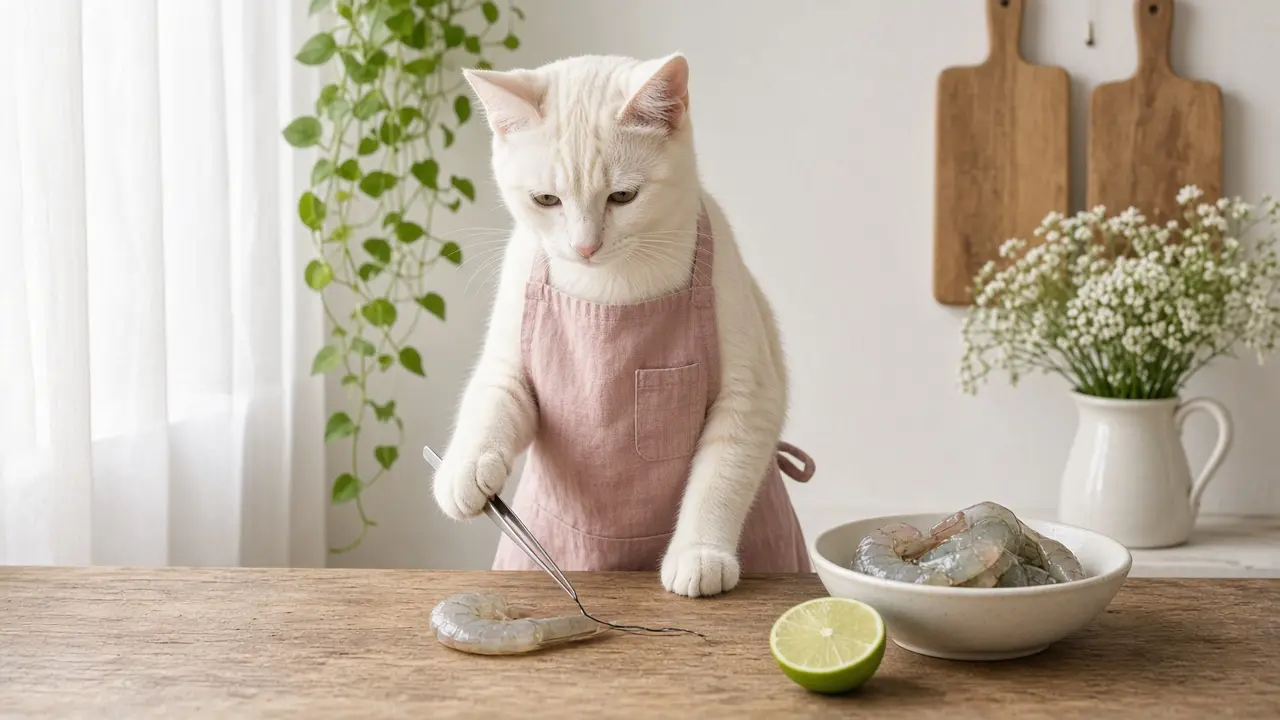 A cream-coloured cat in a pink apron, cooking this dish