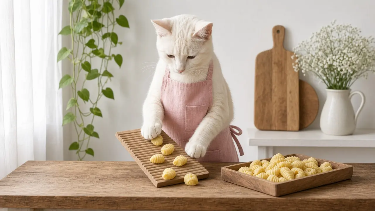 A cream-coloured cat in a pink apron, cooking this dish