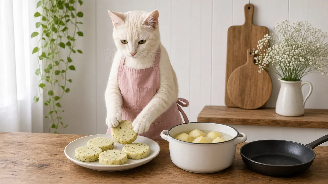 A cream-coloured cat in a pink apron, cooking this dish