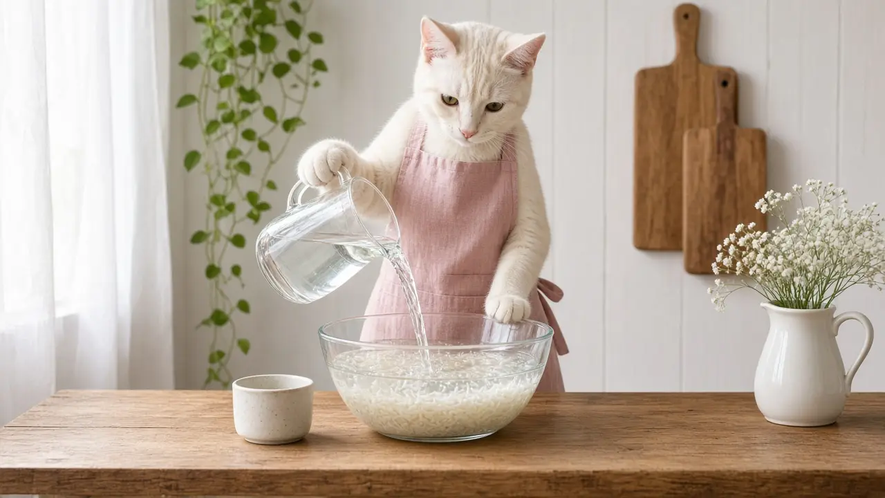 A cream-coloured cat in a pink apron, cooking this dish