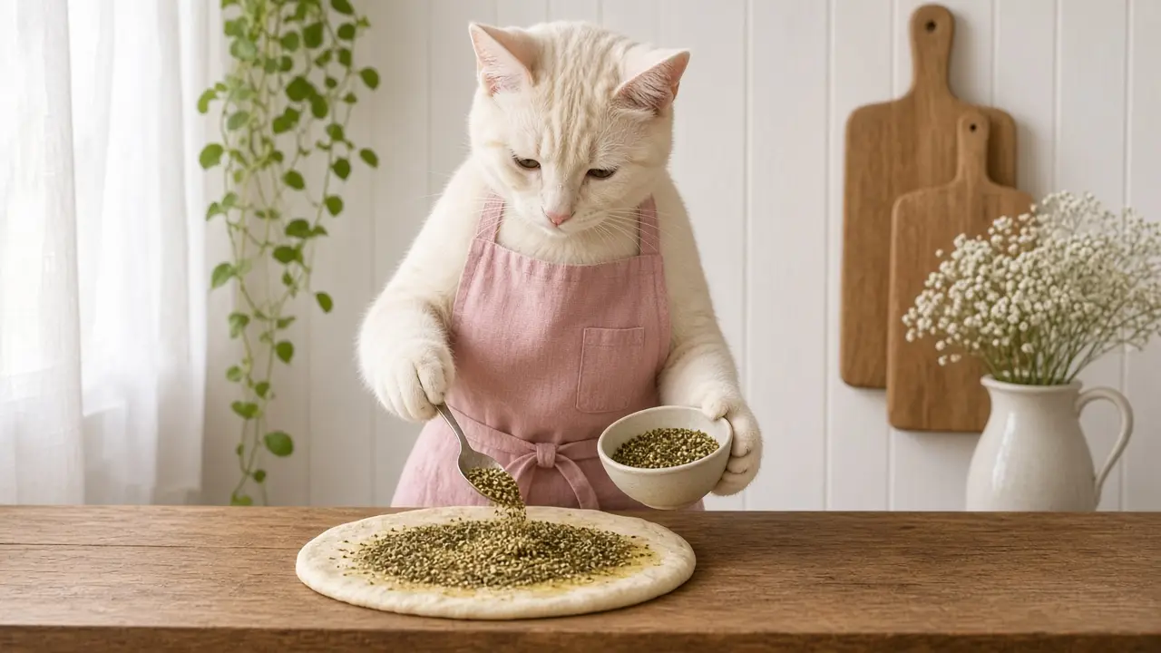 A cream-coloured cat in a pink apron, cooking this dish